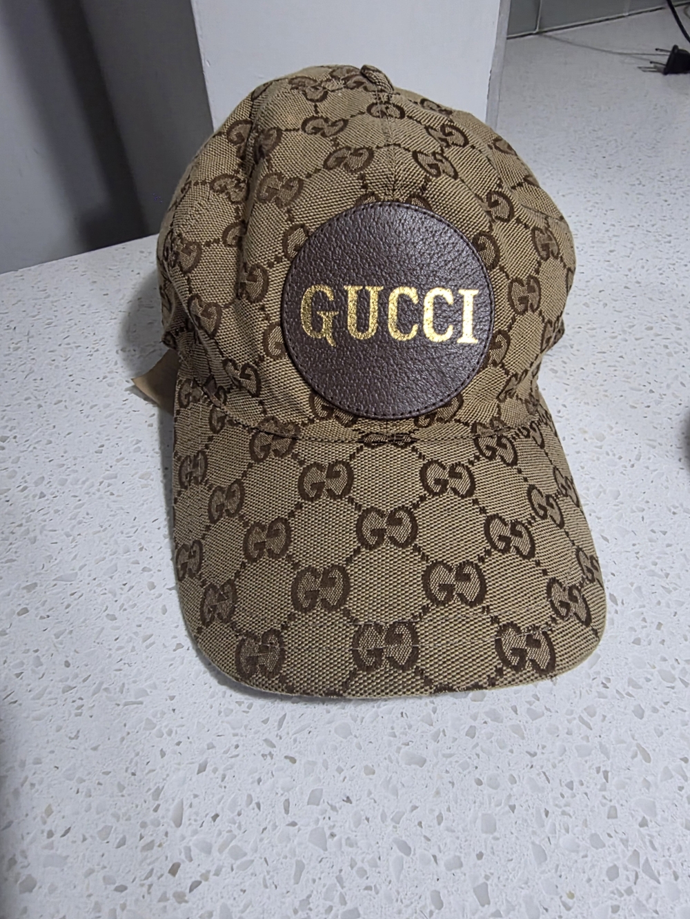 Gucci Tan & Brown GG Canvas Baseball Cap with Gold Logo Patch (Authentic)